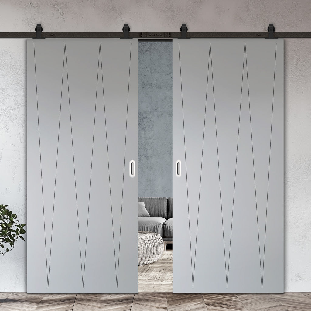 Top Mounted Black Sliding Track & Solid Wood Double Doors - V-Line® Grooved Flush Doors V034 - Premium Primed - Six Colour Options