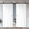 Top Mounted Black Sliding Track & Solid Wood Double Doors - V-Line® Grooved Flush Doors V034 - Premium Primed - Six Colour Options