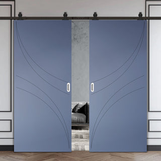 Image: Top Mounted Black Sliding Track & Solid Wood Double Doors - V-Line® Grooved Flush Doors V037 - Premium Primed - Six Colour Options