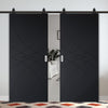 Top Mounted Black Sliding Track & Solid Wood Double Doors - V-Line® Grooved Flush Doors V038 - Premium Primed - Six Colour Options