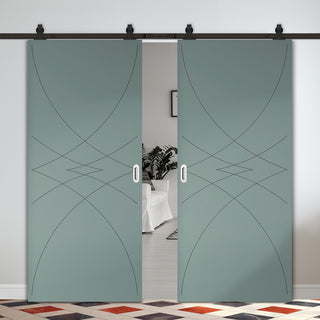 Image: Top Mounted Black Sliding Track & Solid Wood Double Doors - V-Line® Grooved Flush Doors V038 - Premium Primed - Six Colour Options