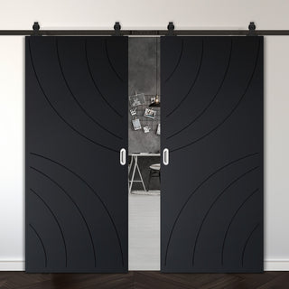 Image: Top Mounted Black Sliding Track & Solid Wood Double Doors - V-Line® Grooved Flush Doors V039 - Premium Primed - Six Colour Options