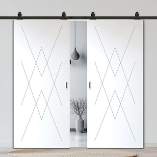 Image: Top Mounted Black Sliding Track & Solid Wood Double Doors - V-Line® Grooved Flush Doors V077 - Premium Primed - Six Colour Options