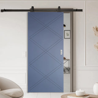 Image: Top Mounted Black Sliding Track & Solid Wood Door - V-Line® Grooved Flush Door V003 - Premium Primed - Six Colour Options