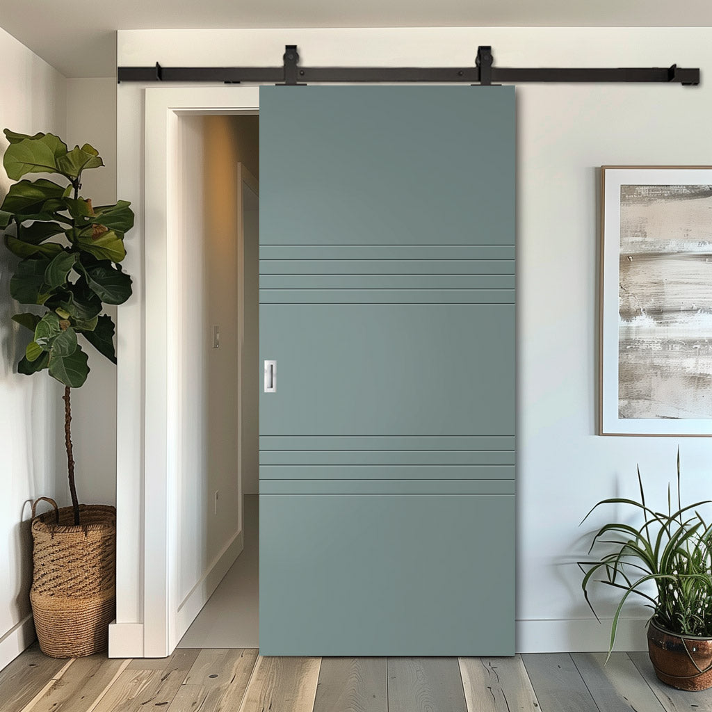 Top Mounted Black Sliding Track & Solid Wood Door - V-Line® Grooved Flush Door V006 - Premium Primed - Six Colour Options
