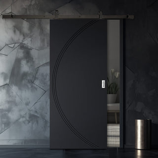 Image: Top Mounted Black Sliding Track & Solid Wood Door - V-Line® Grooved Flush Door V008 - Premium Primed - Six Colour Options