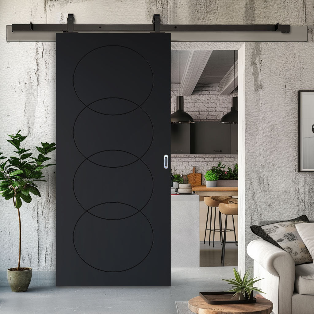 Top Mounted Black Sliding Track & Solid Wood Door - V-Line® Grooved Flush Door V011 - Premium Primed - Six Colour Options