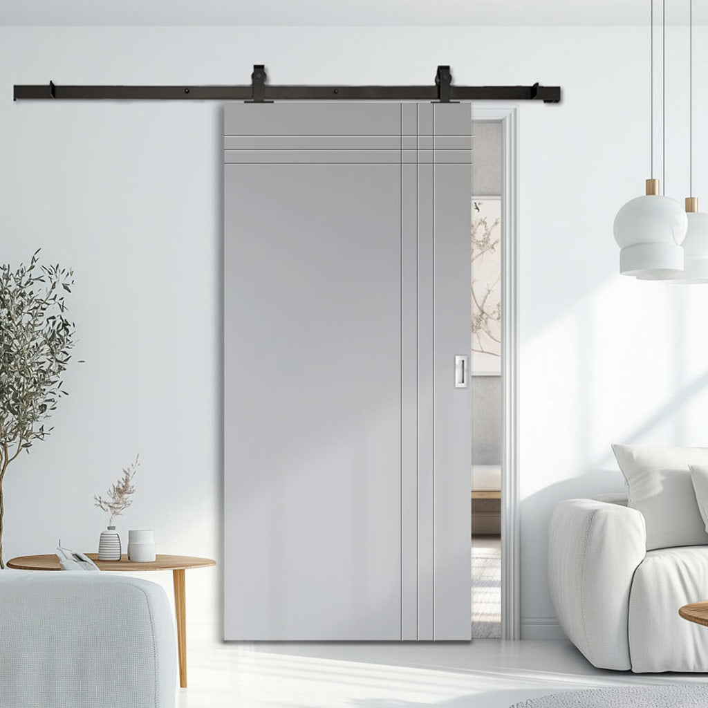 Top Mounted Black Sliding Track & Solid Wood Door - V-Line® Grooved Flush Door V019 - Premium Primed - Six Colour Options