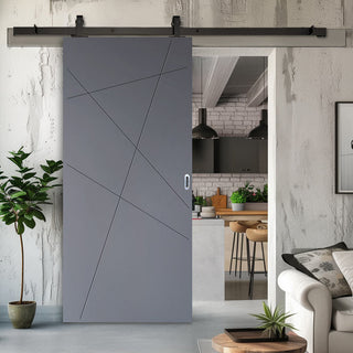 Image: Top Mounted Black Sliding Track & Solid Wood Door - V-Line® Grooved Flush Door V020 - Premium Primed - Six Colour Options