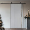 Top Mounted Black Sliding Track & Solid Wood Door - V-Line® Grooved Flush Door V021 - Premium Primed - Six Colour Options