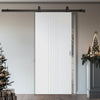 Top Mounted Black Sliding Track & Solid Wood Door - V-Line® Grooved Flush Door V021 - Premium Primed - Six Colour Options