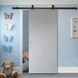 Image: Top Mounted Black Sliding Track & Solid Wood Door - V-Line® Grooved Flush Door V023 - Premium Primed - Six Colour Options