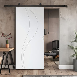 Image: Top Mounted Black Sliding Track & Solid Wood Door - V-Line® Grooved Flush Door V025 - Premium Primed - Six Colour Options