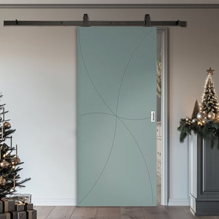 Image: Top Mounted Black Sliding Track & Solid Wood Door - V-Line® Grooved Flush Door V032 - Premium Primed - Six Colour Options