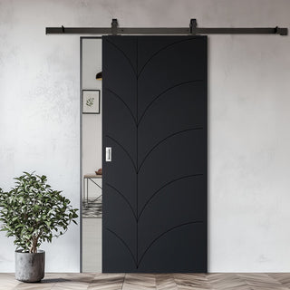 Image: Top Mounted Black Sliding Track & Solid Wood Door - V-Line® Grooved Flush Door V033 - Premium Primed - Six Colour Options