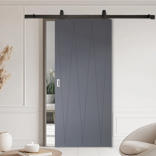 Image: Top Mounted Black Sliding Track & Solid Wood Door - V-Line® Grooved Flush Door V034 - Premium Primed - Six Colour Options