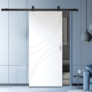 Image: Top Mounted Black Sliding Track & Solid Wood Door - V-Line® Grooved Flush Door V037 - Premium Primed - Six Colour Options