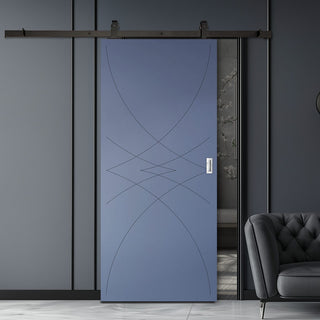 Image: Top Mounted Black Sliding Track & Solid Wood Door - V-Line® Grooved Flush Door V038 - Premium Primed - Six Colour Options
