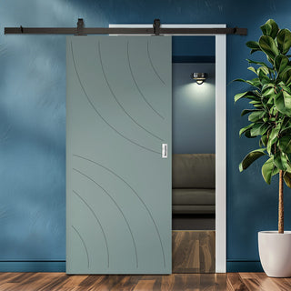 Image: Top Mounted Black Sliding Track & Solid Wood Door - V-Line® Grooved Flush Door V039 - Premium Primed - Six Colour Options