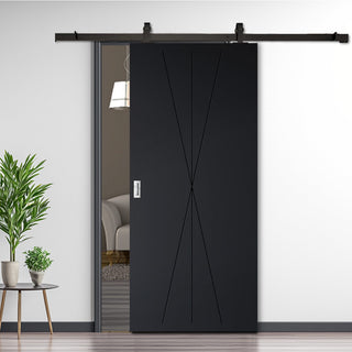 Image: Top Mounted Black Sliding Track & Solid Wood Door - V-Line® Grooved Flush Door V040 - Premium Primed - Six Colour Options