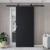 Top Mounted Black Sliding Track & Solid Wood Door - V-Line® Grooved Flush Door V071 - Premium Primed - Six Colour Options