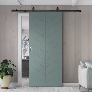 Image: Top Mounted Black Sliding Track & Solid Wood Door - V-Line® Grooved Flush Door V071 - Premium Primed - Six Colour Options