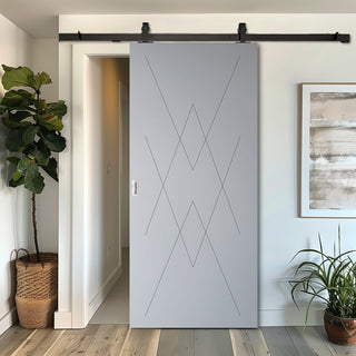 Image: Top Mounted Black Sliding Track & Solid Wood Door - V-Line® Grooved Flush Door V077 - Premium Primed - Six Colour Options