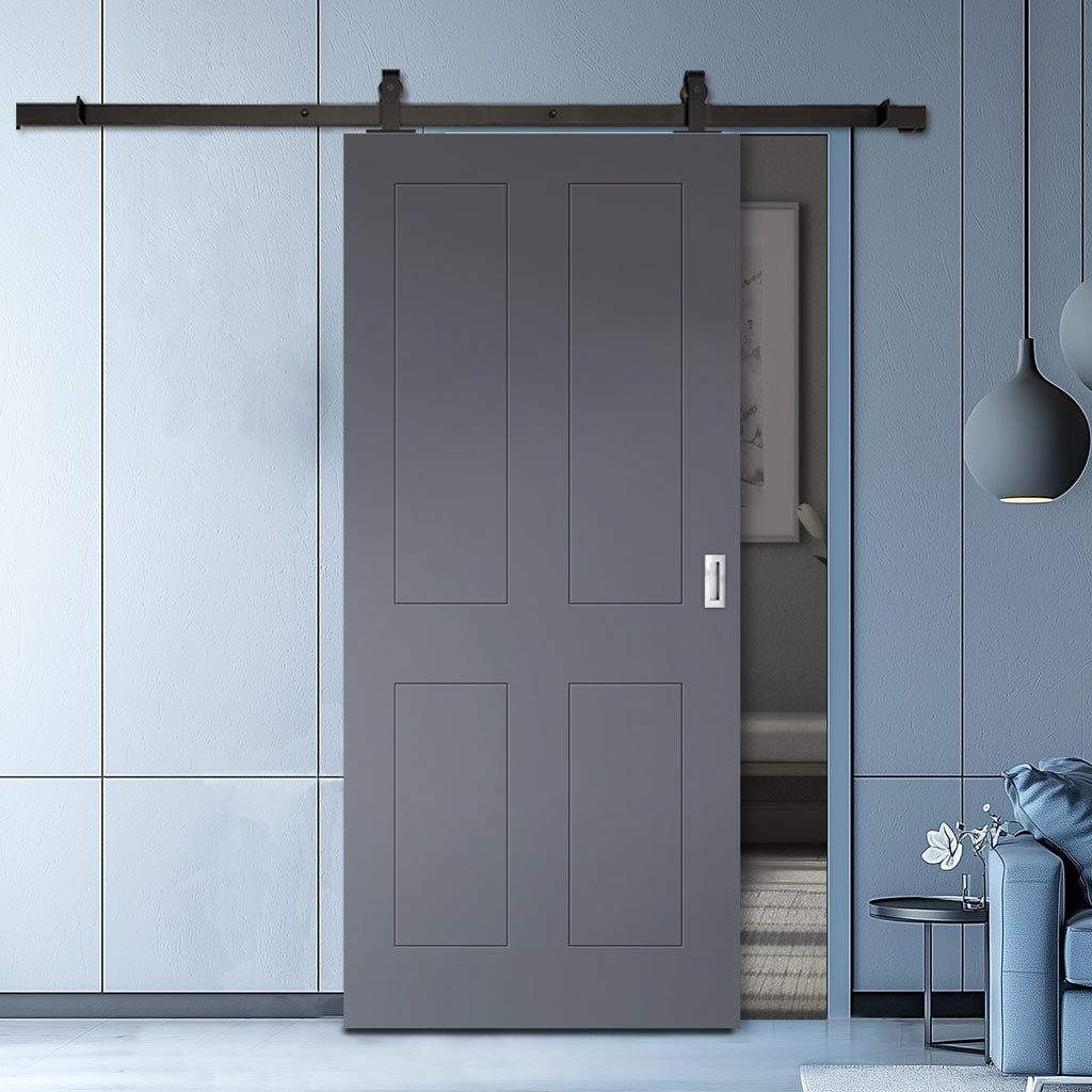 Top Mounted Black Sliding Track & Solid Wood Door - V-Line® Grooved Flush Door V078 - Premium Primed - Six Colour Options