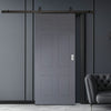Top Mounted Black Sliding Track & Solid Wood Door - V-Line® Grooved Flush Door V079 - Premium Primed - Six Colour Options