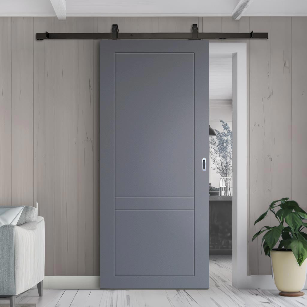 Top Mounted Black Sliding Track & Solid Wood Door - V-Line® Grooved Flush Door V084 - Premium Primed - Six Colour Options