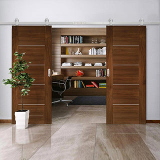 Image: Top Mounted Stainless Steel Sliding Track & Valencia Prefinished Walnut Double Door