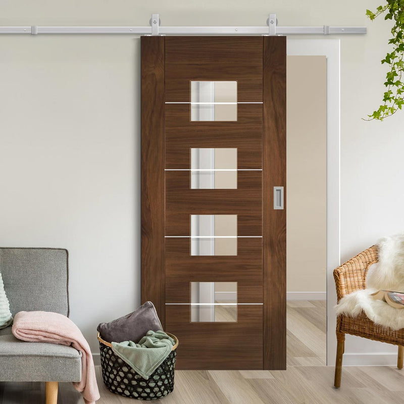 Top Mounted Stainless Steel Sliding Track & Valencia Glazed Walnut Door - Prefinished