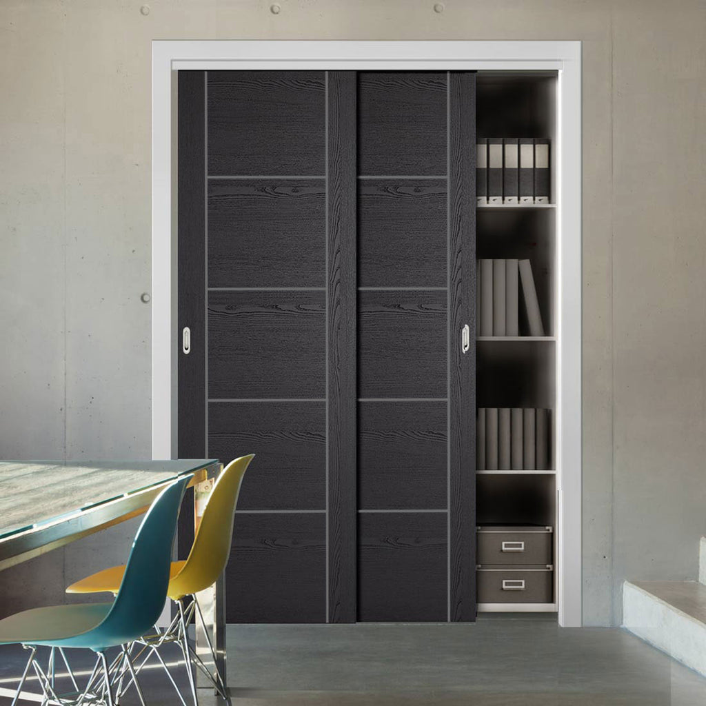 Minimalist Wardrobe Door & Frame Kit - Two Laminate Vancouver Black Door - Prefinished