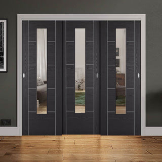 Image: Pass-Easi Three Sliding Doors and Frame Kit - Laminate Vancouver Black Door - Prefinished - Clear Glass - Prefinished