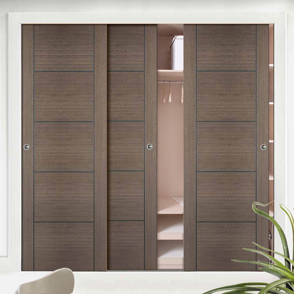 Minimalist Wardrobe Door & Frame Kit - Three Vancouver Flush Chocolate Grey Doors - Prefinished