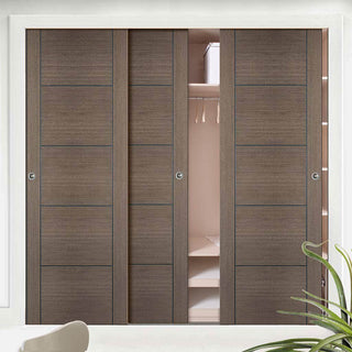 Image: Minimalist Wardrobe Door & Frame Kit - Three Vancouver Flush Chocolate Grey Doors - Prefinished