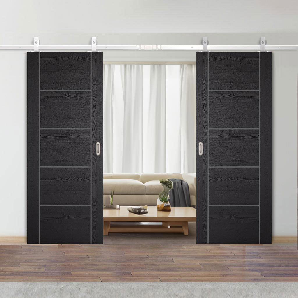 Top Mounted Stainless Steel Sliding Track & Double Door - Laminate Vancouver Flush Black Doors - Prefinished