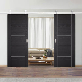 Image: Top Mounted Stainless Steel Sliding Track & Double Door - Laminate Vancouver Flush Black Doors - Prefinished