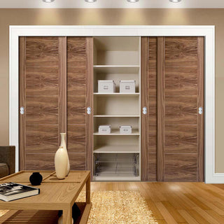 Image: Minimalist Wardrobe Door & Frame Kit - Four Vancouver 5 Panel Flush Walnut Doors - Prefinished