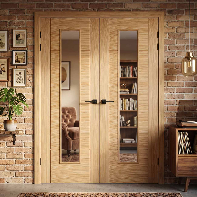 Vancouver Long Light Oak Internal Door Pair - Clear Glass - 1/2 Hour Fire Rated - Prefinished
