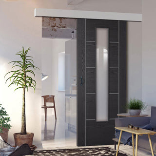 Image: Single Sliding Door & Wall Track - Laminate Vancouver Black Door - Prefinished - Clear Glass - Prefinished