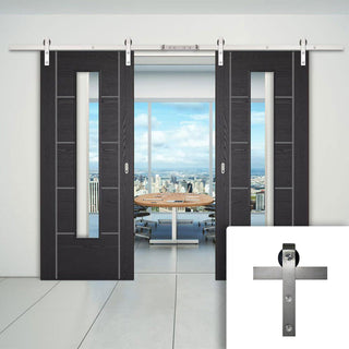 Image: Double Sliding Door & Stainless Steel Barn Track - Laminate Vancouver Black Door - Clear Glass - Prefinished