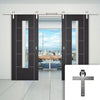 Double Sliding Door & Stainless Steel Barn Track - Laminate Vancouver Black Door - Clear Glass - Prefinished