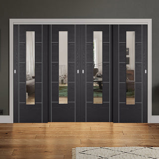 Image: Pass-Easi Four Sliding Doors and Frame Kit - Laminate Vancouver Black Door - Prefinished - Clear Glass - Prefinished