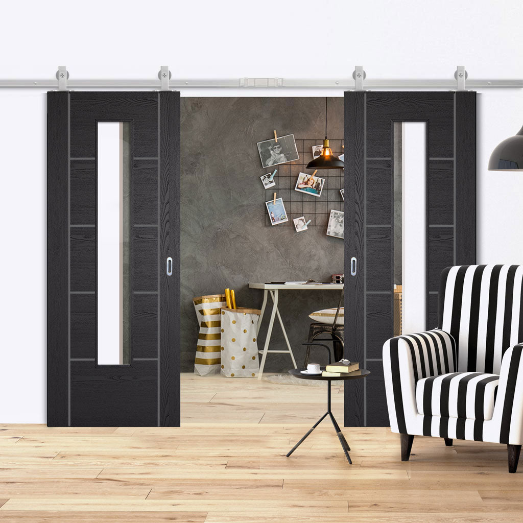 Top Mounted Stainless Steel Sliding Track & Double Door - Laminate Vancouver Black Doors - Clear Glass - Prefinished
