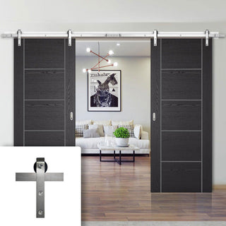 Image: Double Sliding Door & Stainless Steel Barn Track - Laminate Vancouver Black Door - Prefinished