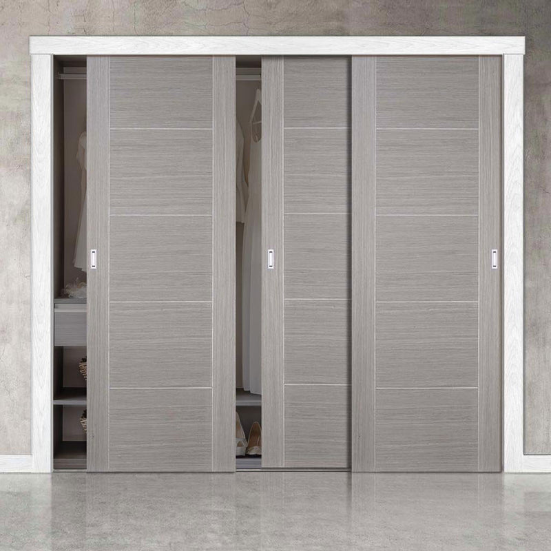 Minimalist Wardrobe Door & Frame Kit - Three Vancouver Light Grey Doors - Prefinished