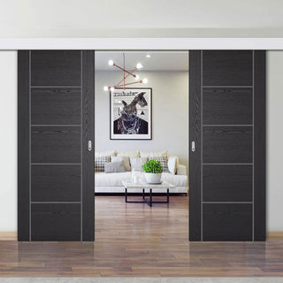 Image: Double Sliding Door & Wall Track - Laminate Vancouver Black Door - Prefinished