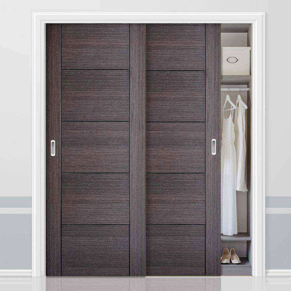 Minimalist Wardrobe Door & Frame Kit - Two Vancouver Flush Ash Grey Doors - Prefinished