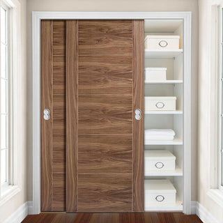Image: Minimalist Wardrobe Door & Frame Kit - Two Vancouver 5 Panel Flush Walnut Doors - Prefinished